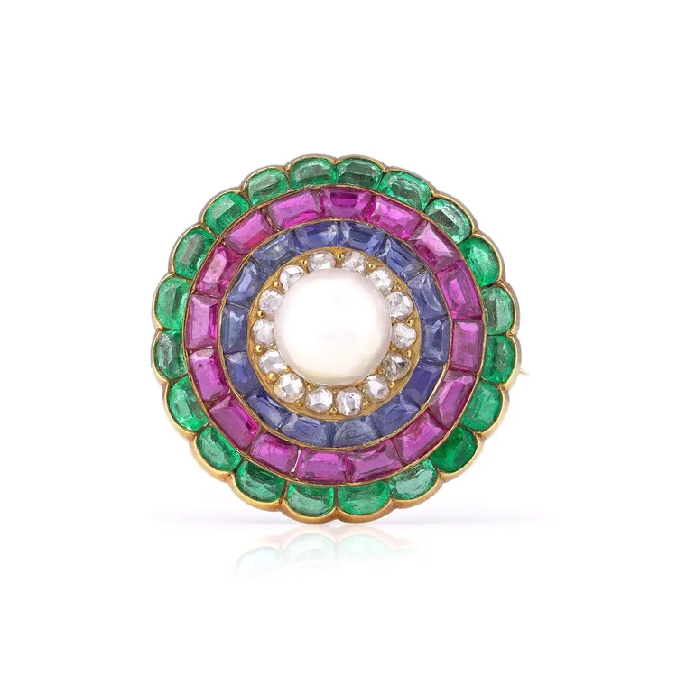 Antique 19th Century Gold Multi Gem & Natural Pearl Brooch