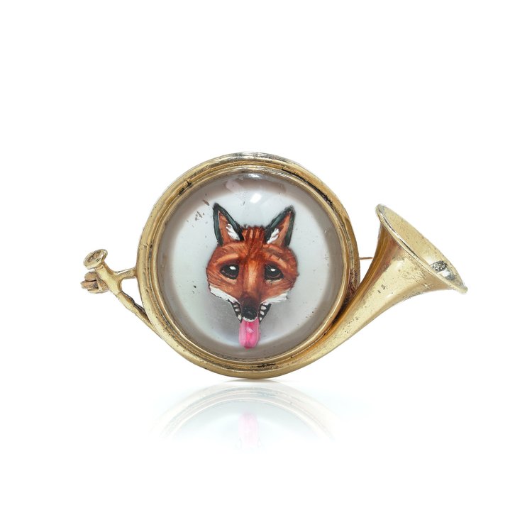 14KT Gold Essex Crystal Fox Hunting Horn Brooch, Circa 1910