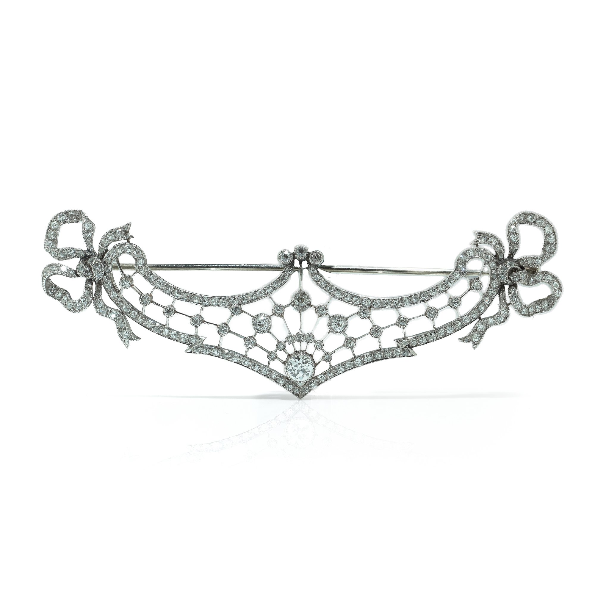 Belle Époque Platinum Diamond Openwork Brooch with Bow Terminals