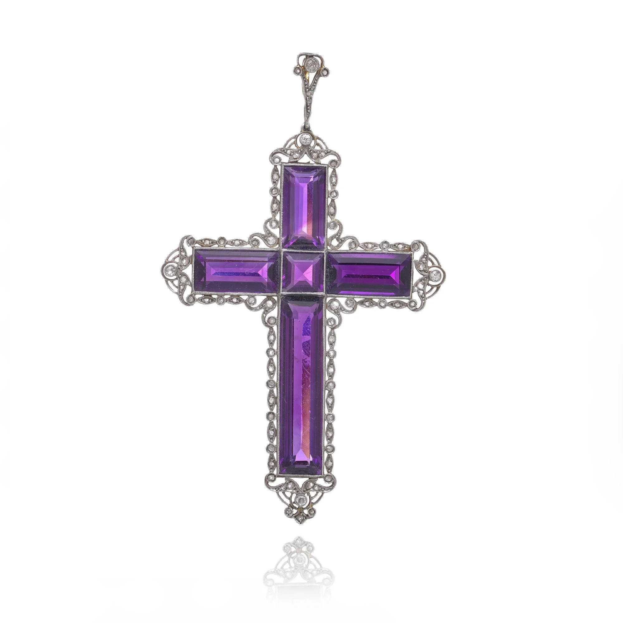 Edwardian 18KT Gold and Silver Amethyst Cross Pendant