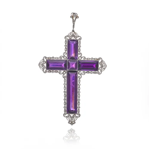 Edwardian 18KT Gold and Silver Amethyst Cross Pendant