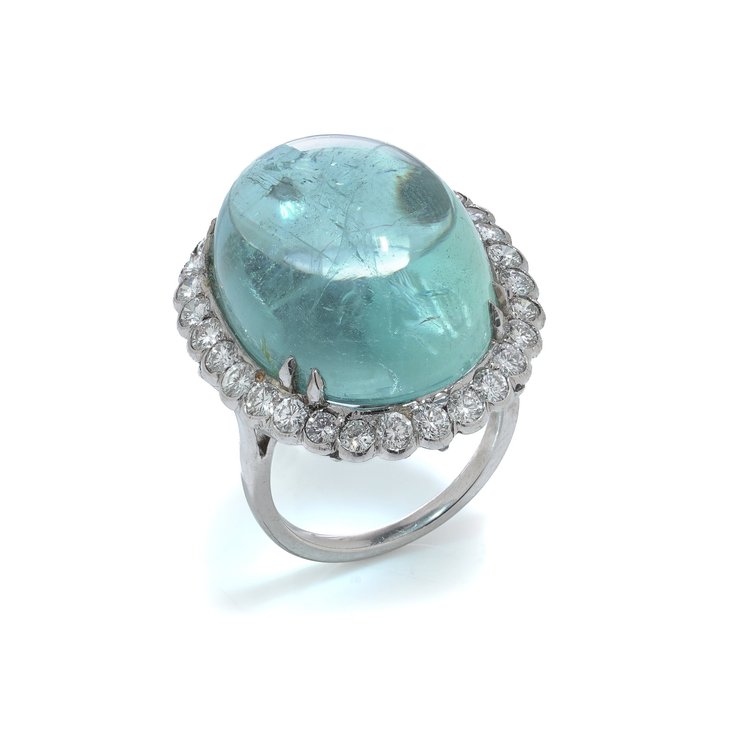Vintage Platinum Cabochon Aquamarine and Diamond Ring
