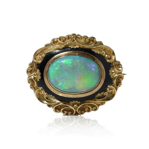Victorian Opal and Black Enamel Brooch in 9KT Gold