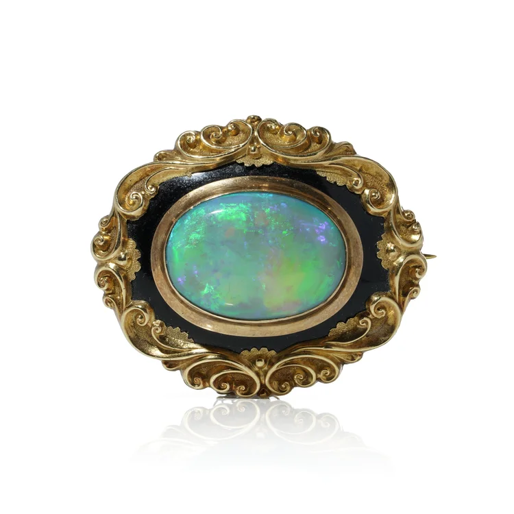 Victorian Opal and Black Enamel Brooch in 9KT Gold