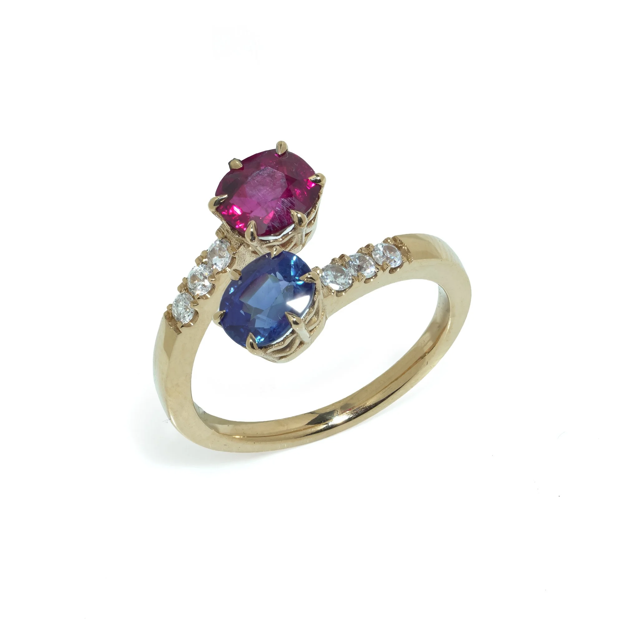18KT Yellow Gold Ruby, Sapphire and Diamond Crossover Ring