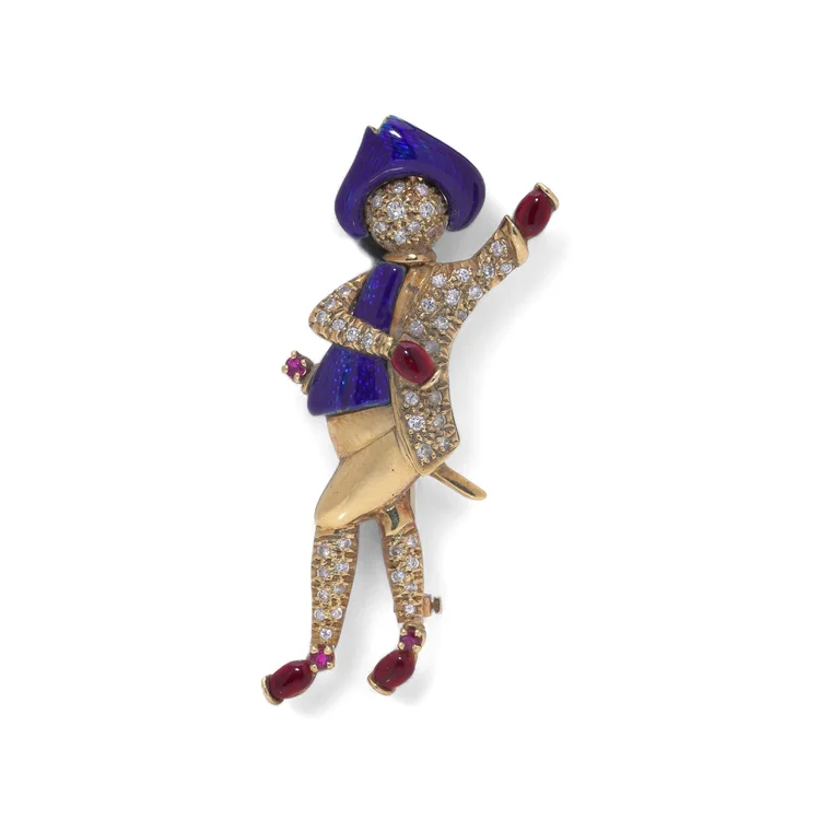 Ludwig M¼ller Style 18KT Gold Diamond Ruby Enamel Figural Brooch