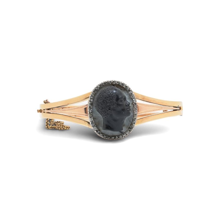 Victorian 18KT Gold Agate Cameo & Rose Cut Diamond Bangle Bracelet