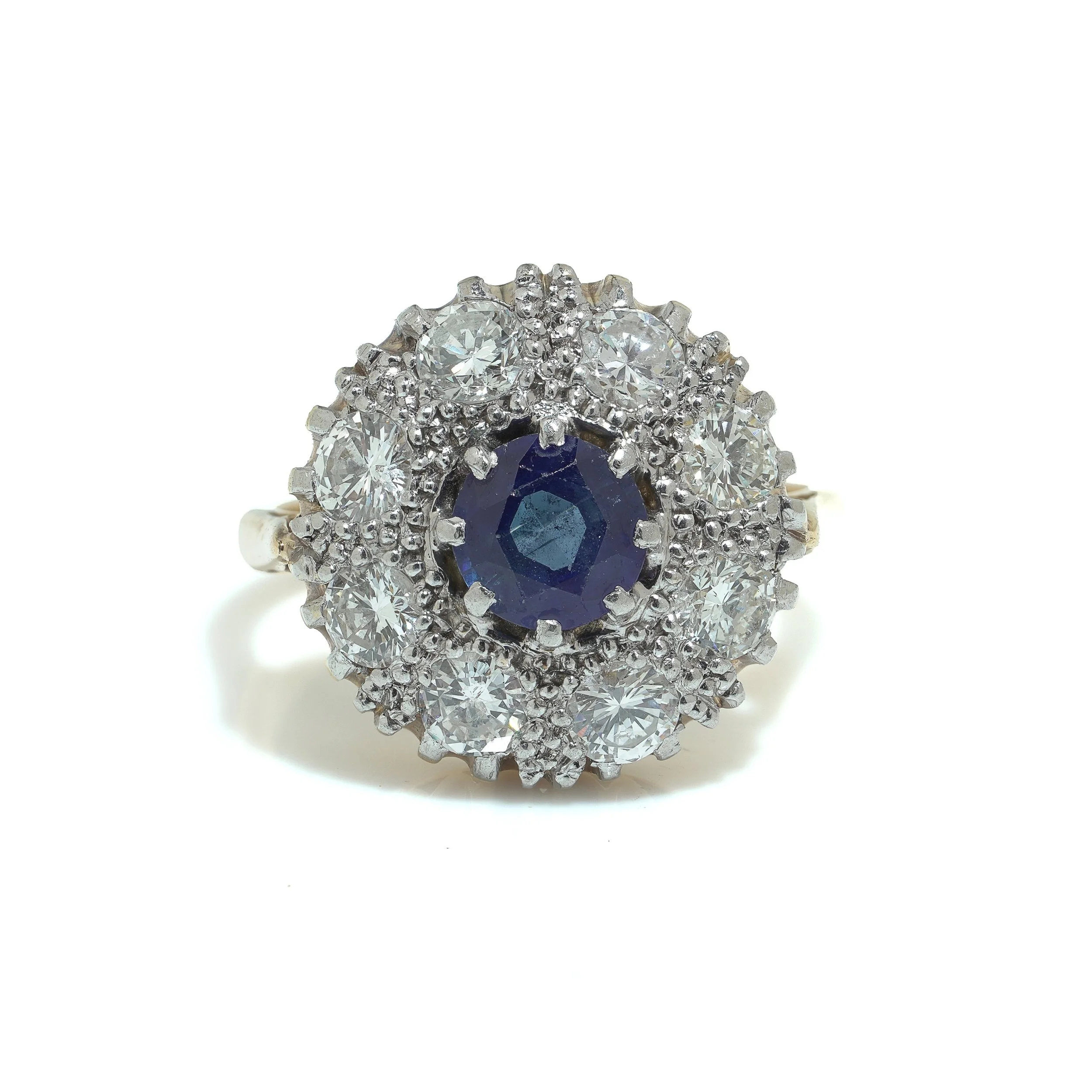 Vintage 1970s 18KT Gold Sapphire and Diamond Cluster Ring