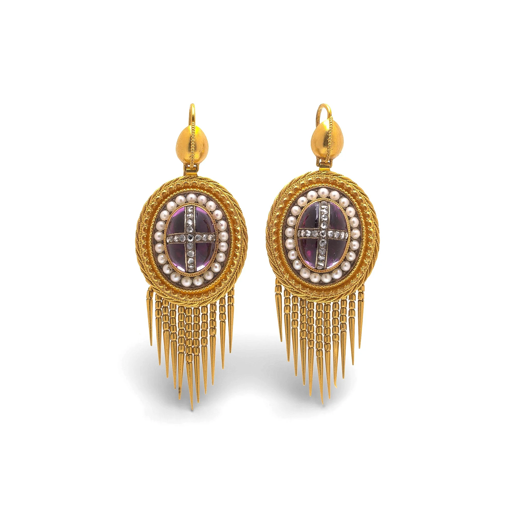 19th Century 21KT Gold Amethyst, Pearl & Diamond Earrings