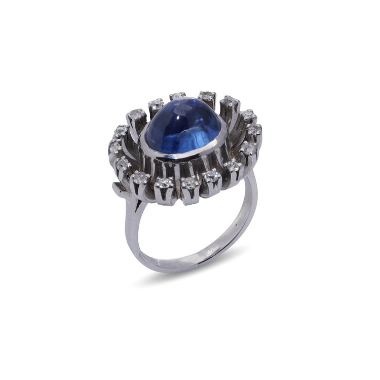 Vintage 5.50ct. NATURAL NO HEAT Cabochon Blue Sapphire & Diamond Ring