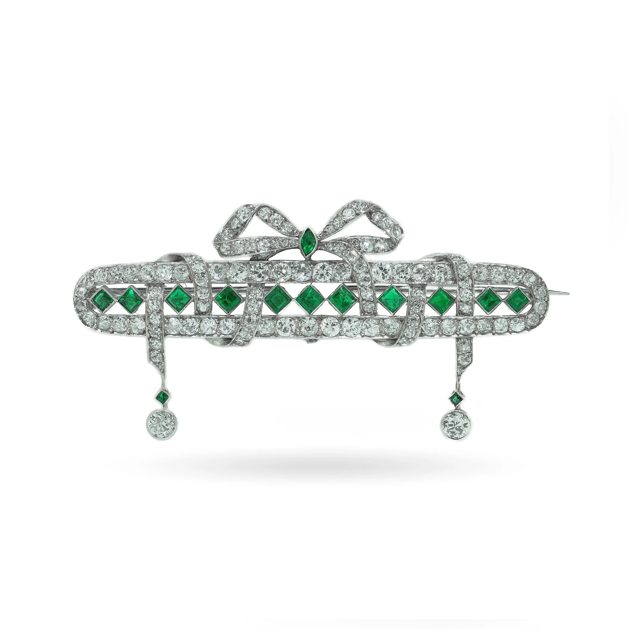 Art Deco Platinum Emerald and Diamond Bow Brooch with Diamond Drops