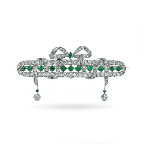 Art Deco Platinum Emerald and Diamond Bow Brooch with Diamond Drops
