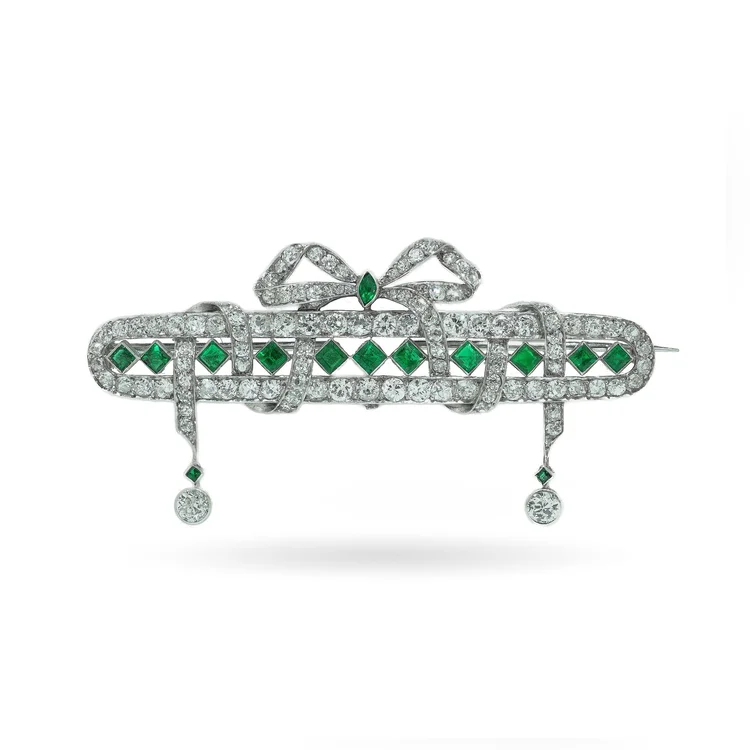 Art Deco Platinum Emerald and Diamond Bow Brooch with Diamond Drops