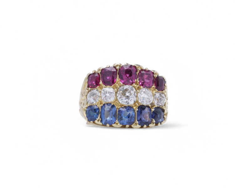 18KT gold Ruby, Diamond and Blue Sapphire Ring