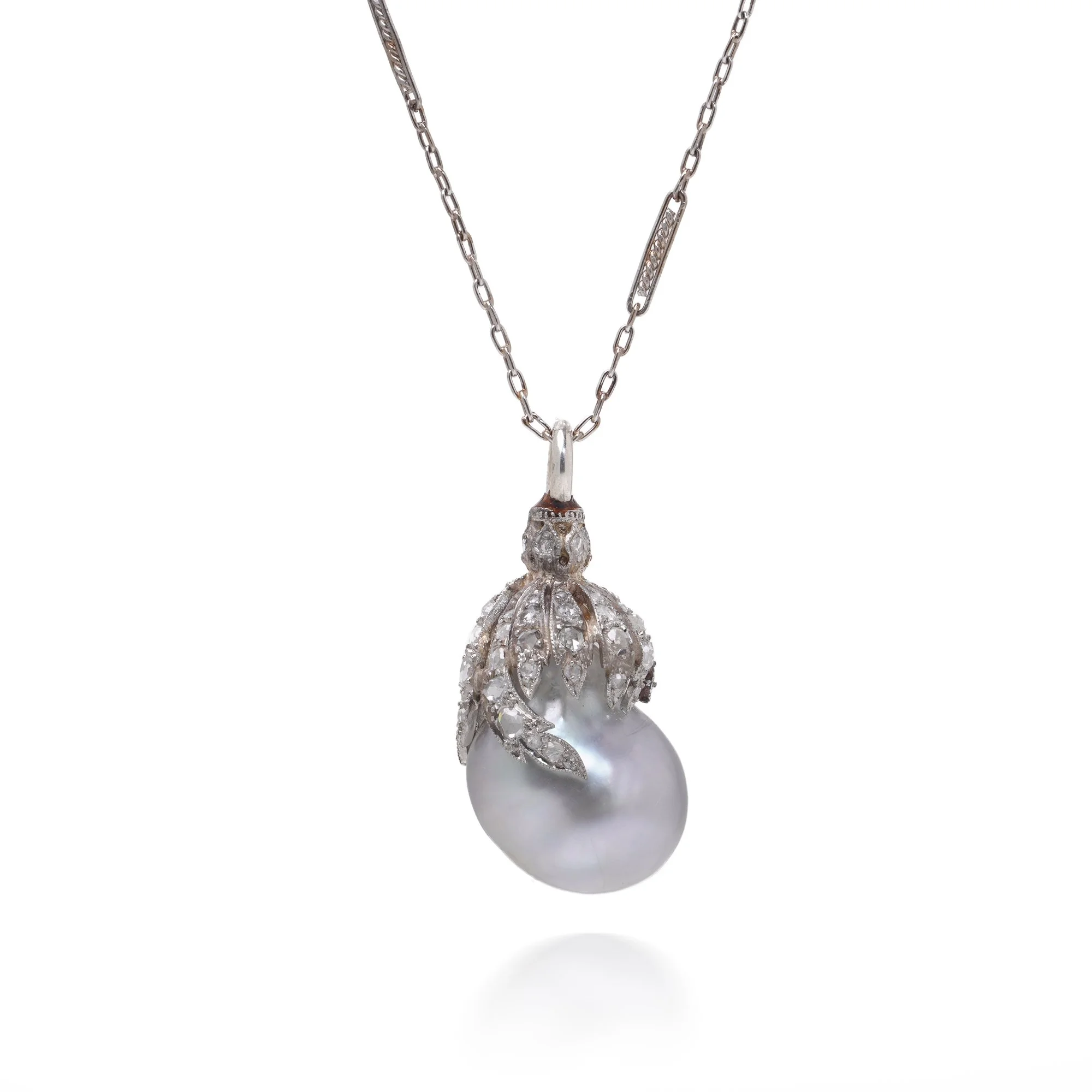 Edwardian Platinum Tahitian Pearl & Diamond Drop Necklace