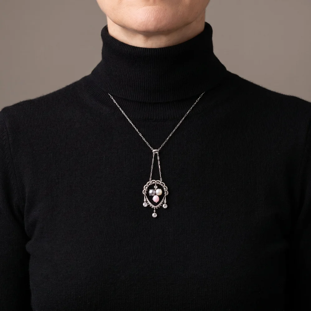 Belle Époque Conch Pearl and Diamond Pendant Necklace, Platinum, Circa 1910