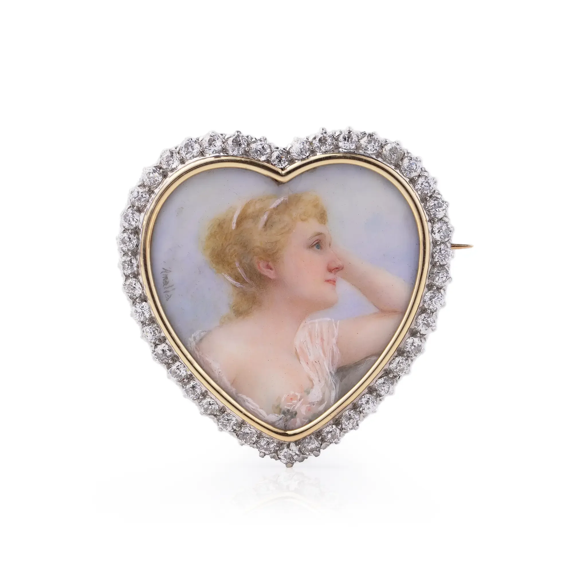 Edwardian Diamond Portrait Miniature Heart Pendant Brooch, 18KT Gold