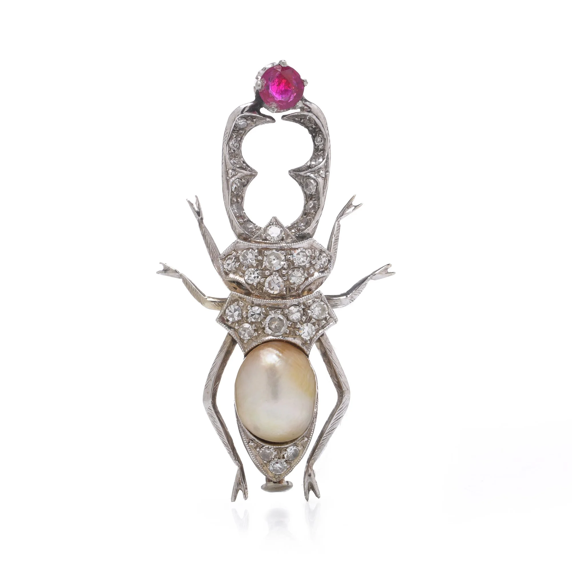 Vintage 1950s 18kt white gold Diamond, Ruby and Pearl Beetle Brooch