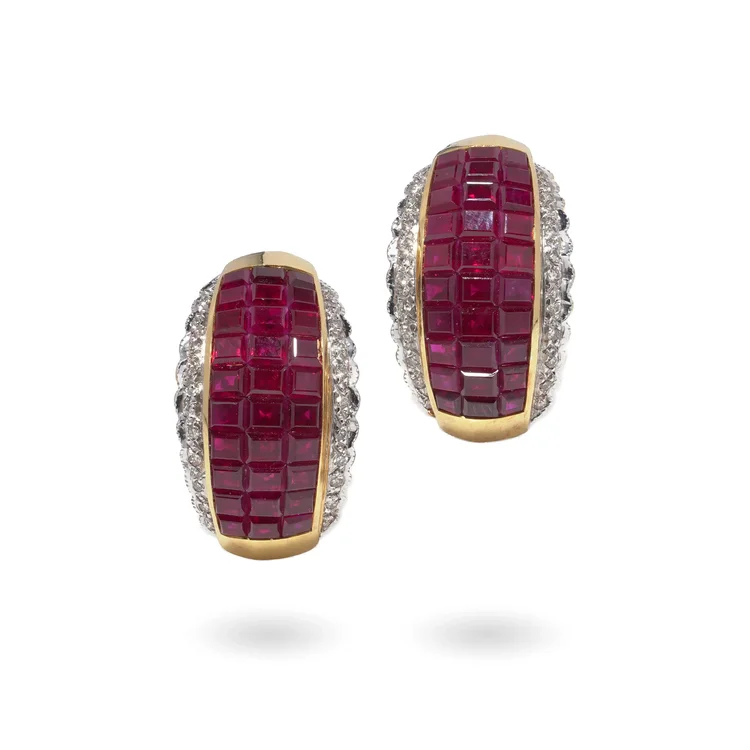 18KT Yellow Gold Natural Ruby & Diamond Clip-On & Studs Convertible Earrings