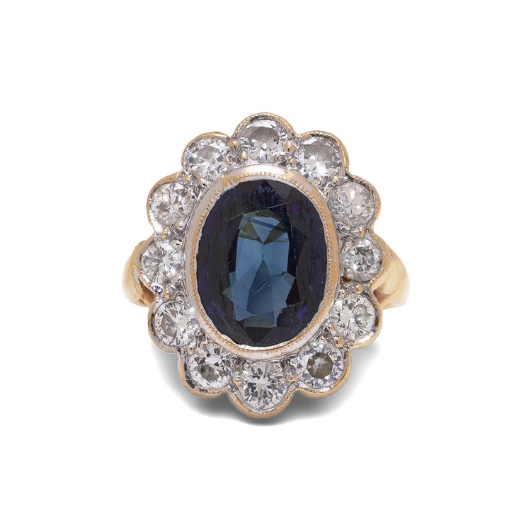 18KT Gold Natural Sapphire & Diamond Cluster Ring