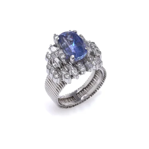 18KT White Gold 3KT Ceylon Sapphire and Diamond Cluster Ring