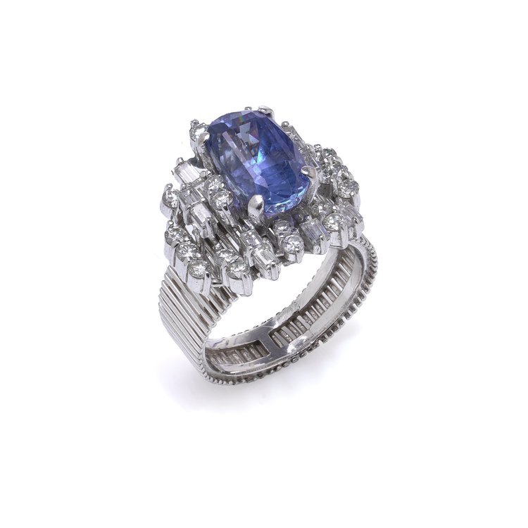 18KT White Gold 3KT Ceylon Sapphire and Diamond Cluster Ring
