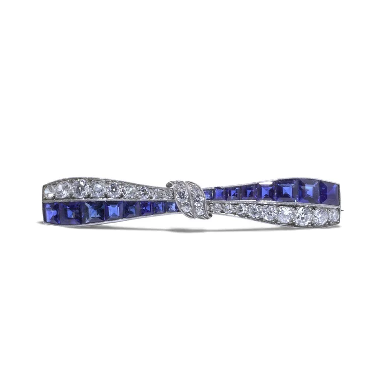 Art Deco Platinum Sapphire & Diamond Bow Brooch, c1920