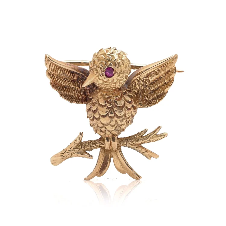 Boucheron Paris 18KT Gold Bird Brooch with Ruby Eye, Circa 1920s