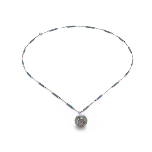 Art Deco Platinum and Enamel Pendant Watch Necklace