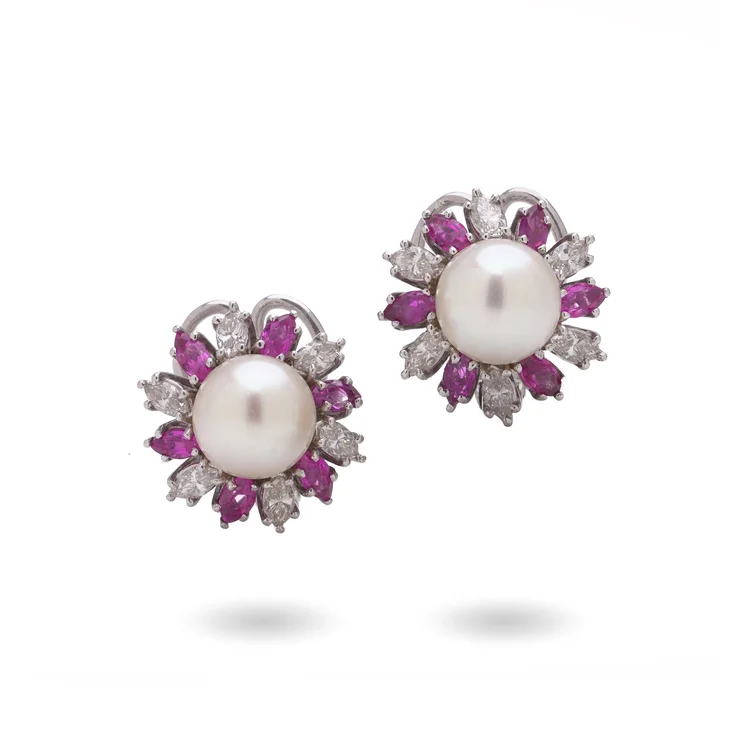 18KT White Gold South Sea Pearl, Diamond & Pink Sapphire Earrings
