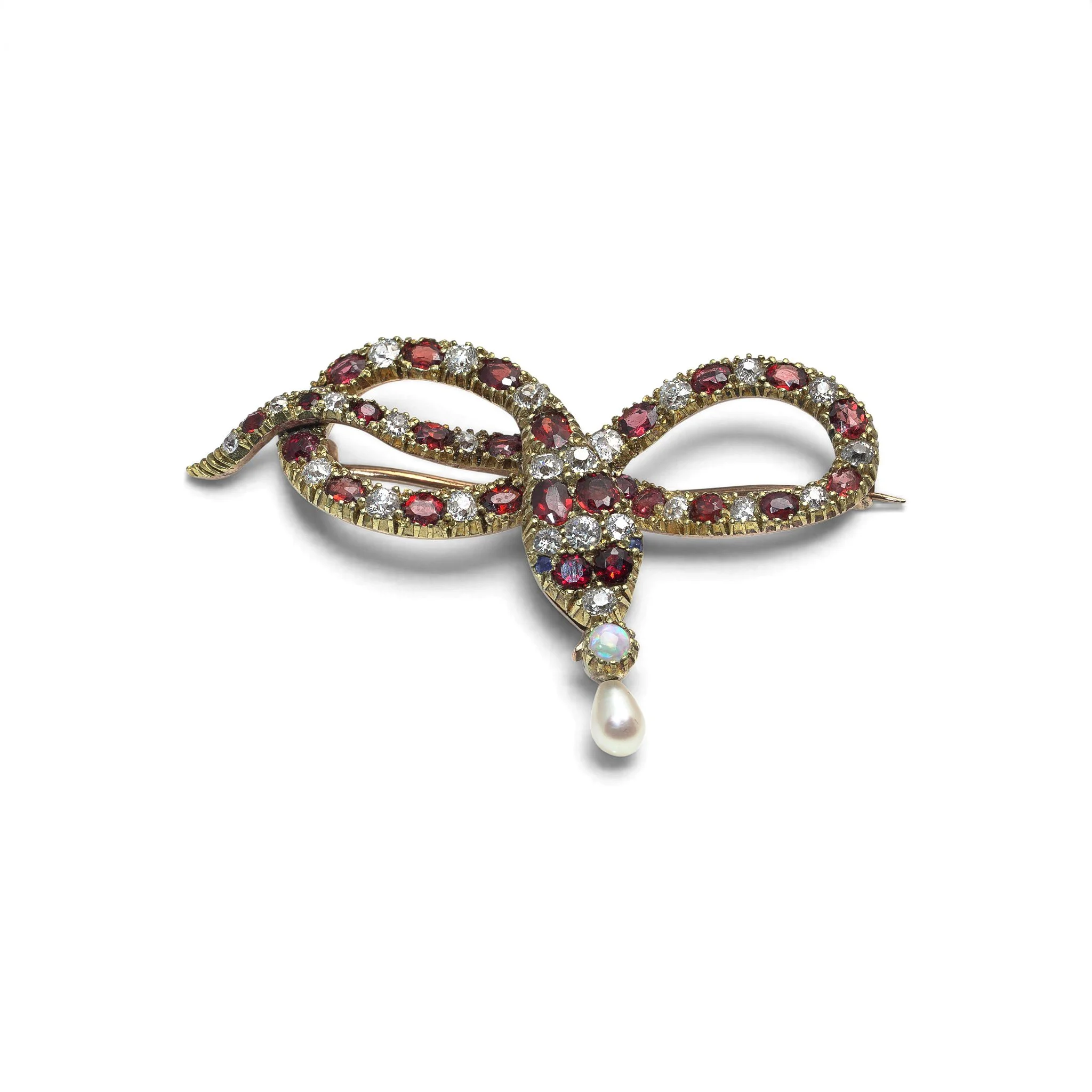 Vintage 9KT Gold Garnet and Diamond Snake Brooch