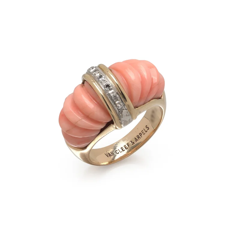 Van Cleef & Arpels 18KT Gold Carved Coral and Diamond Ring, French Marks