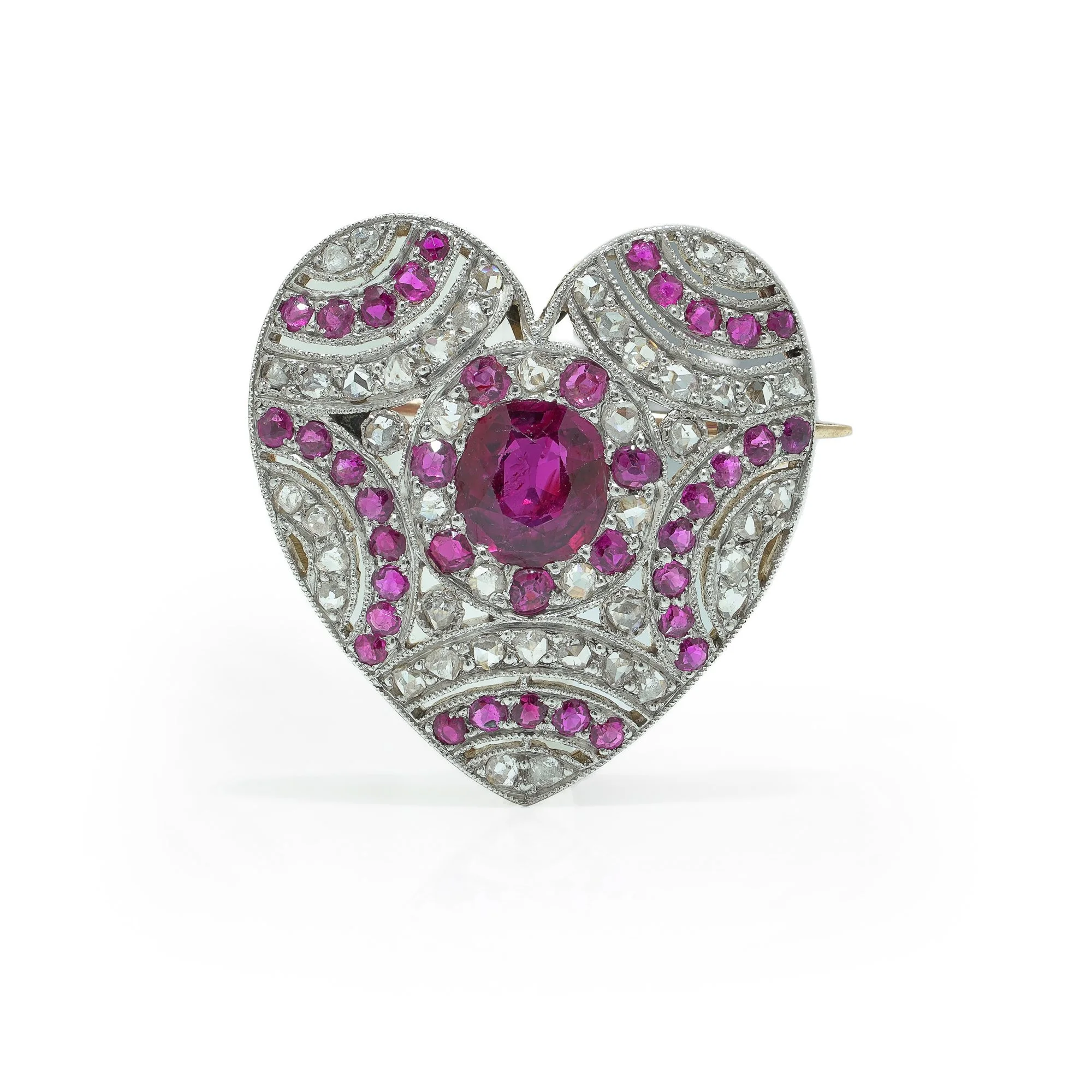 Edwardian Gold and Platinum Ruby and Diamond Heart Brooch