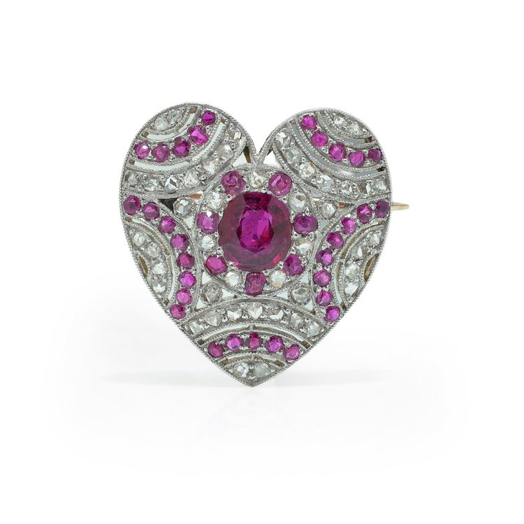 Edwardian Gold and Platinum Ruby and Diamond Heart Brooch