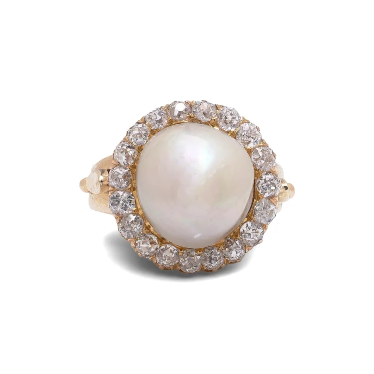 Edwardian 18KT Gold Natural Pearl & Diamond Cluster Ring, Circa 1910