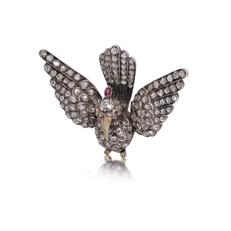 Victorian 12KT Gold and Silver Bird Brooch with Rose Cut Diamonds and Ruby Eyes