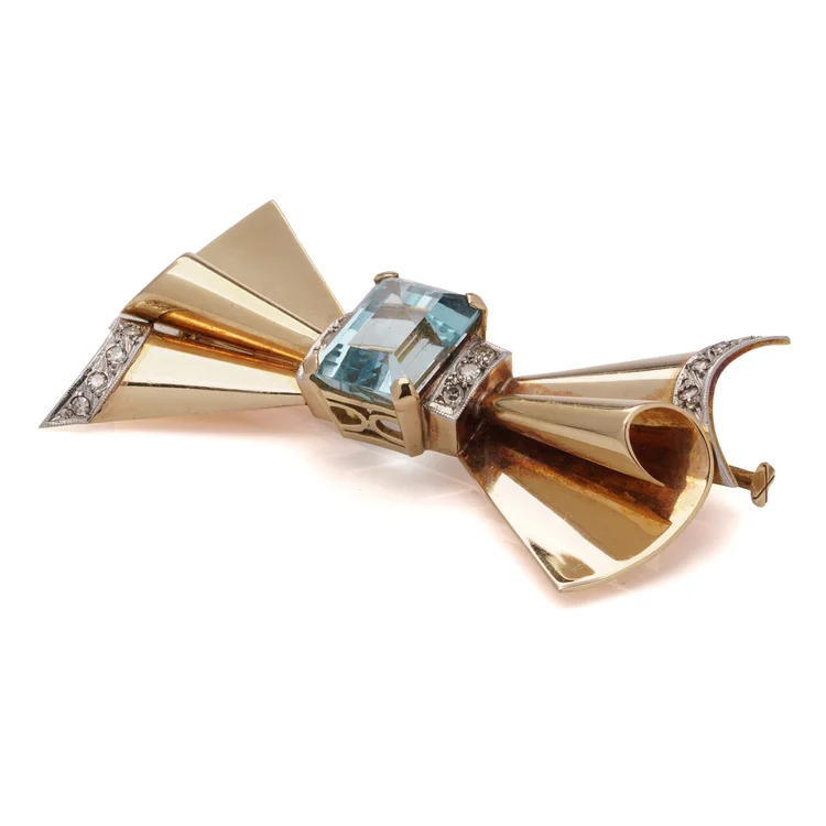Retro 18KT Gold & Platinum Bow Brooch with 6.00 ct Aquamarine and Diamonds