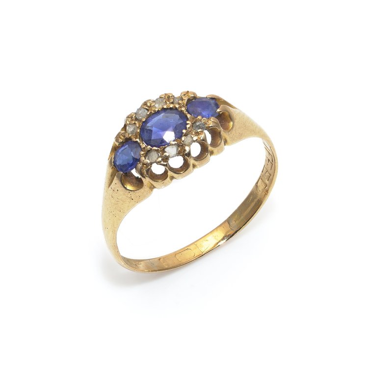 Antique Victorian 18KT Gold Sapphire and Rose Cut Diamond Ring