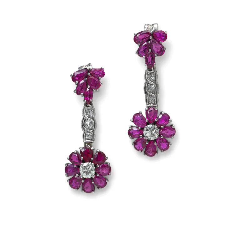 Art Deco Platinum Burmese Ruby and Diamond Drop Earrings