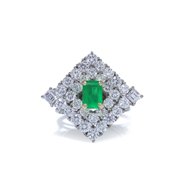 Vintage 18KT White Gold Colombian Emerald & Diamond Cluster Ring, 1970s