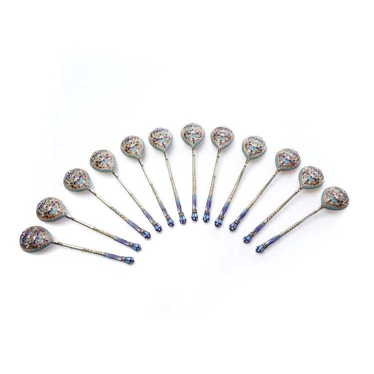 Antique Russian Set of 12 Cloisonné Enamel and Silver Spoons