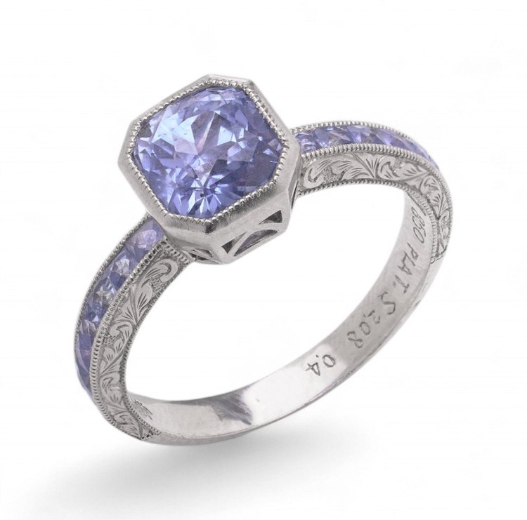 Art Deco Style Platinum 2.08 ct. Sapphire Ring with Calibr©-Cut Sapphire Accents