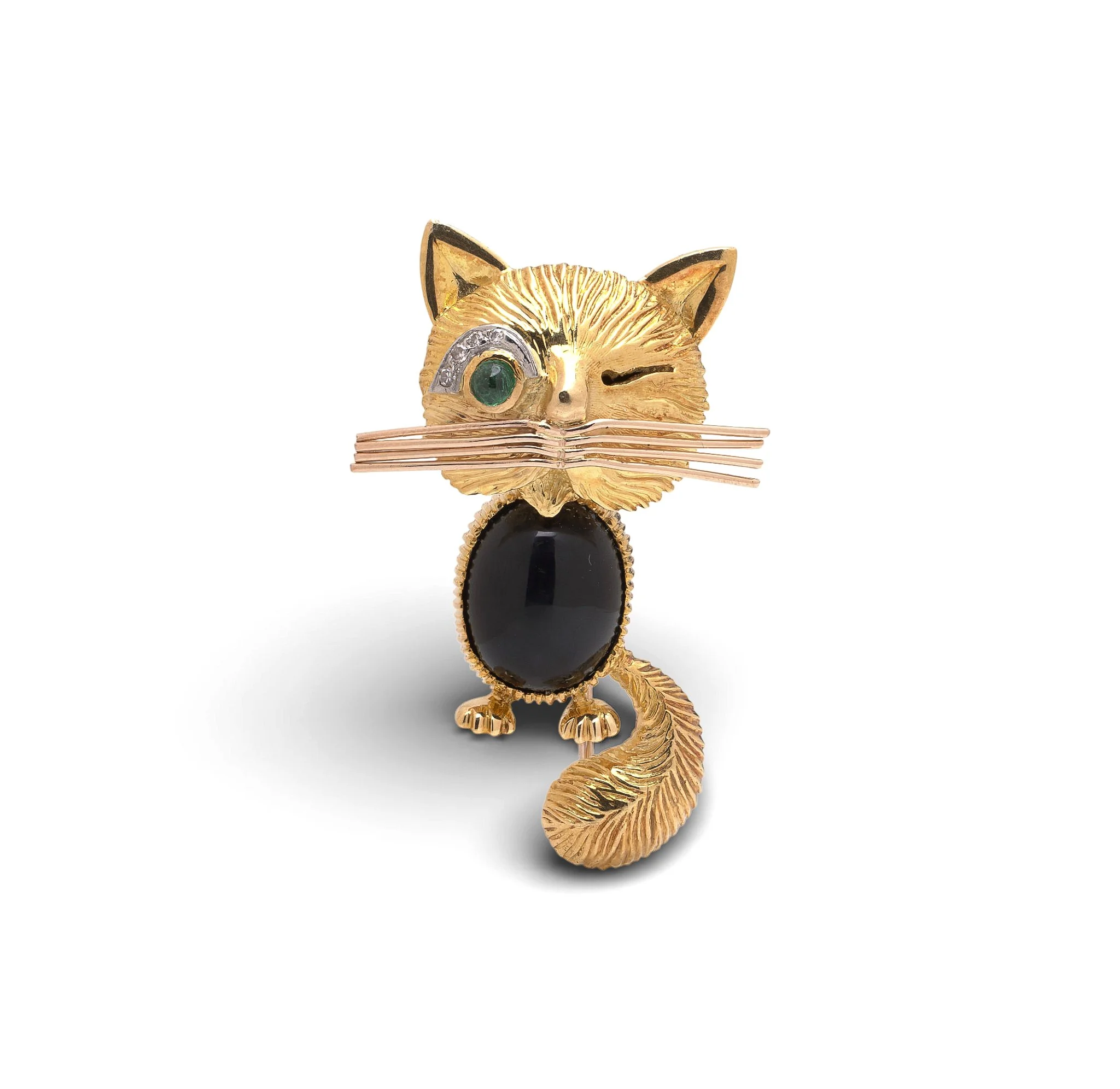 Kutchinsky 18KT Gold Cat Brooch with Onyx & Emerald