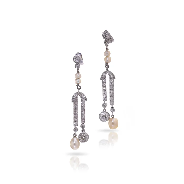 Belle poque Platinum Diamond and Natural Pearl Drop Earrings