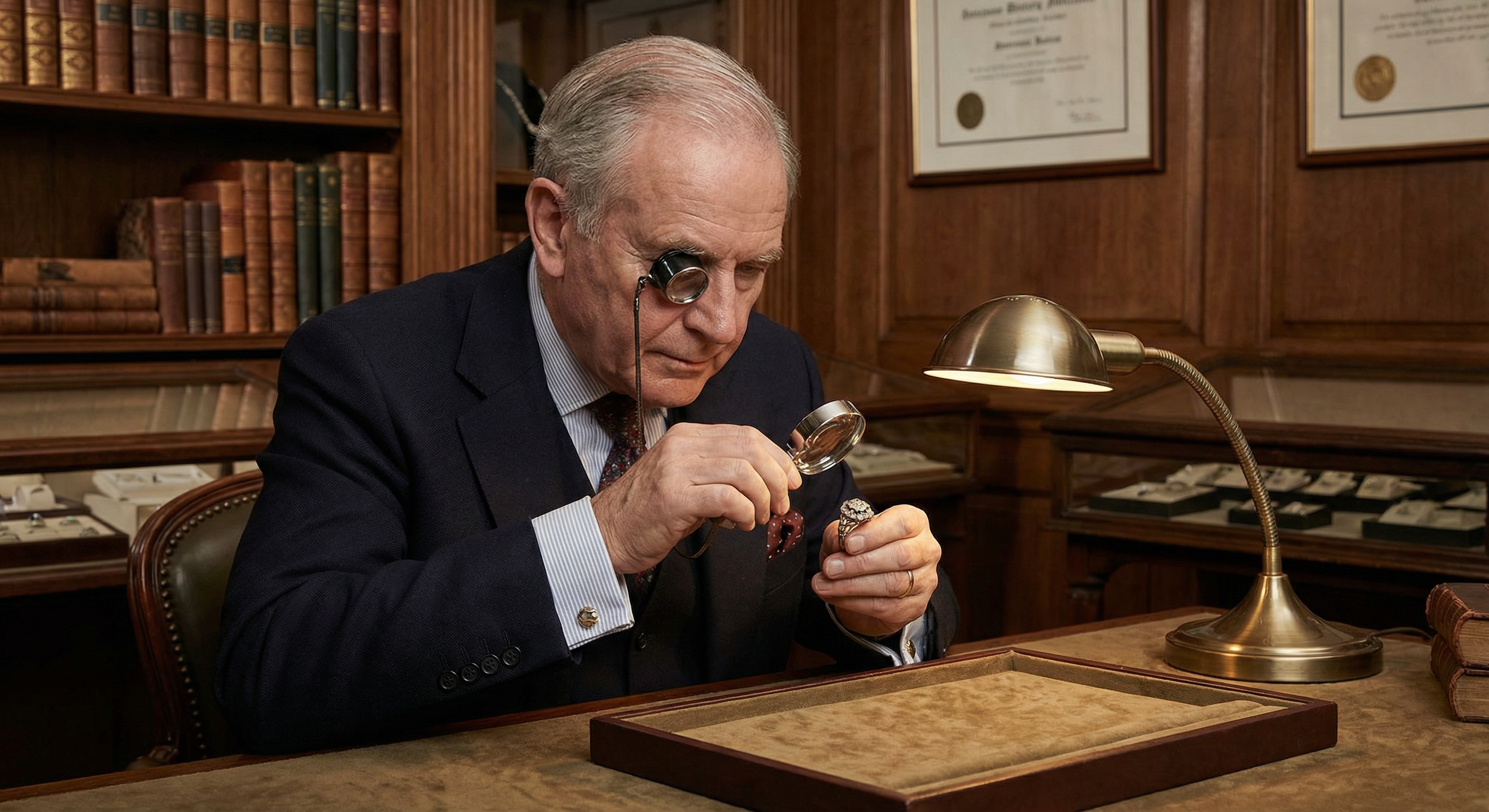 Expert jeweller examining antique Victorian diamond ring with loupe during professional valuation