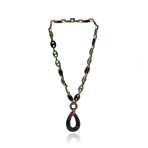 Vintage Jade, Onyx and Coral Necklace, 18KT Gold Links