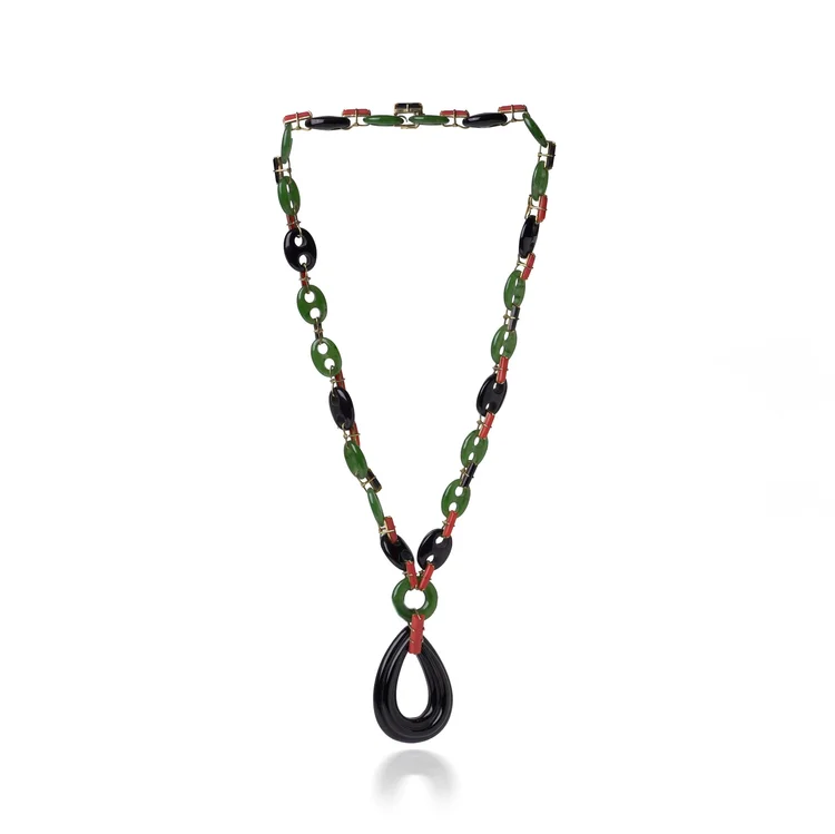 Vintage 18KT Gold Jade, Onyx and Coral Necklace