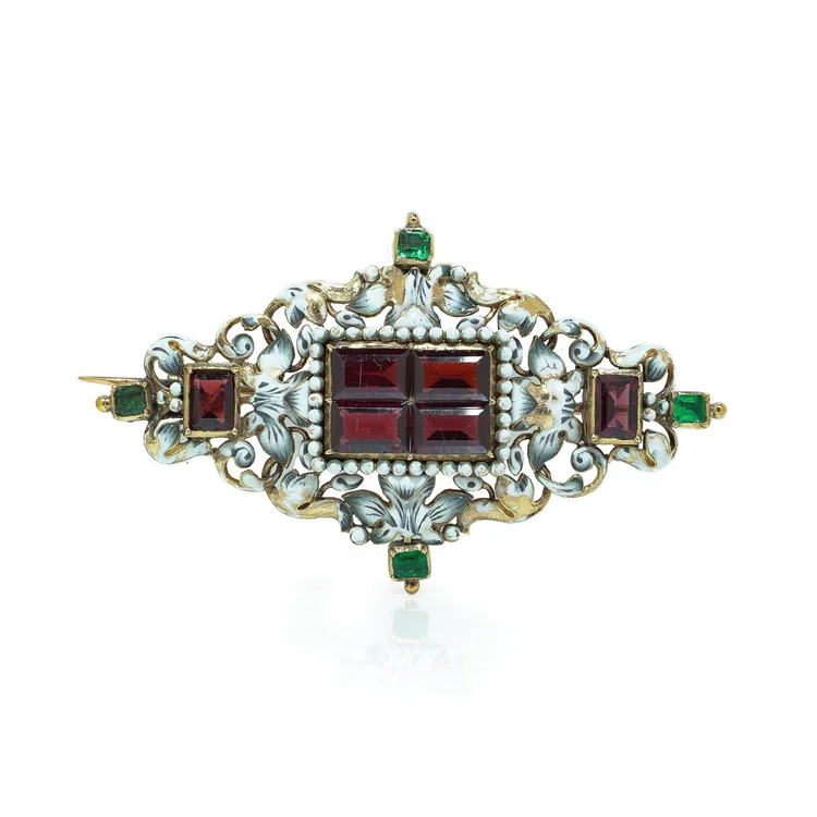 Antique French 18KT Enamel, Garnet and Emerald Renaissance Revival Brooch Pendant