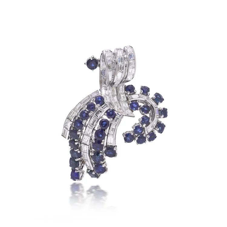 Platinum and White Gold Diamond and Sapphire Brooch, Circa 1940s