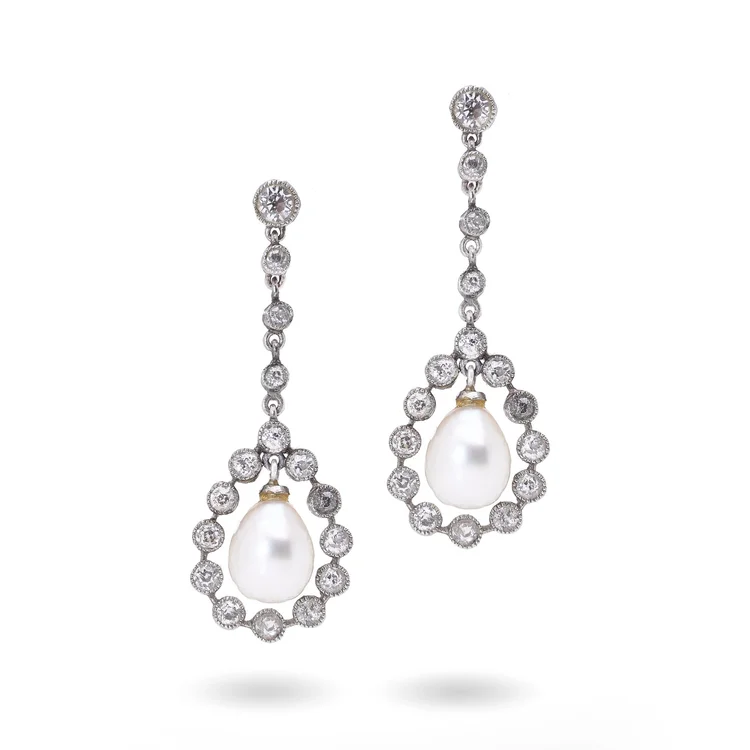 Art Deco Platinum Drop Earrings with Natural Pearls & Old Cut Diamonds, c.1920s